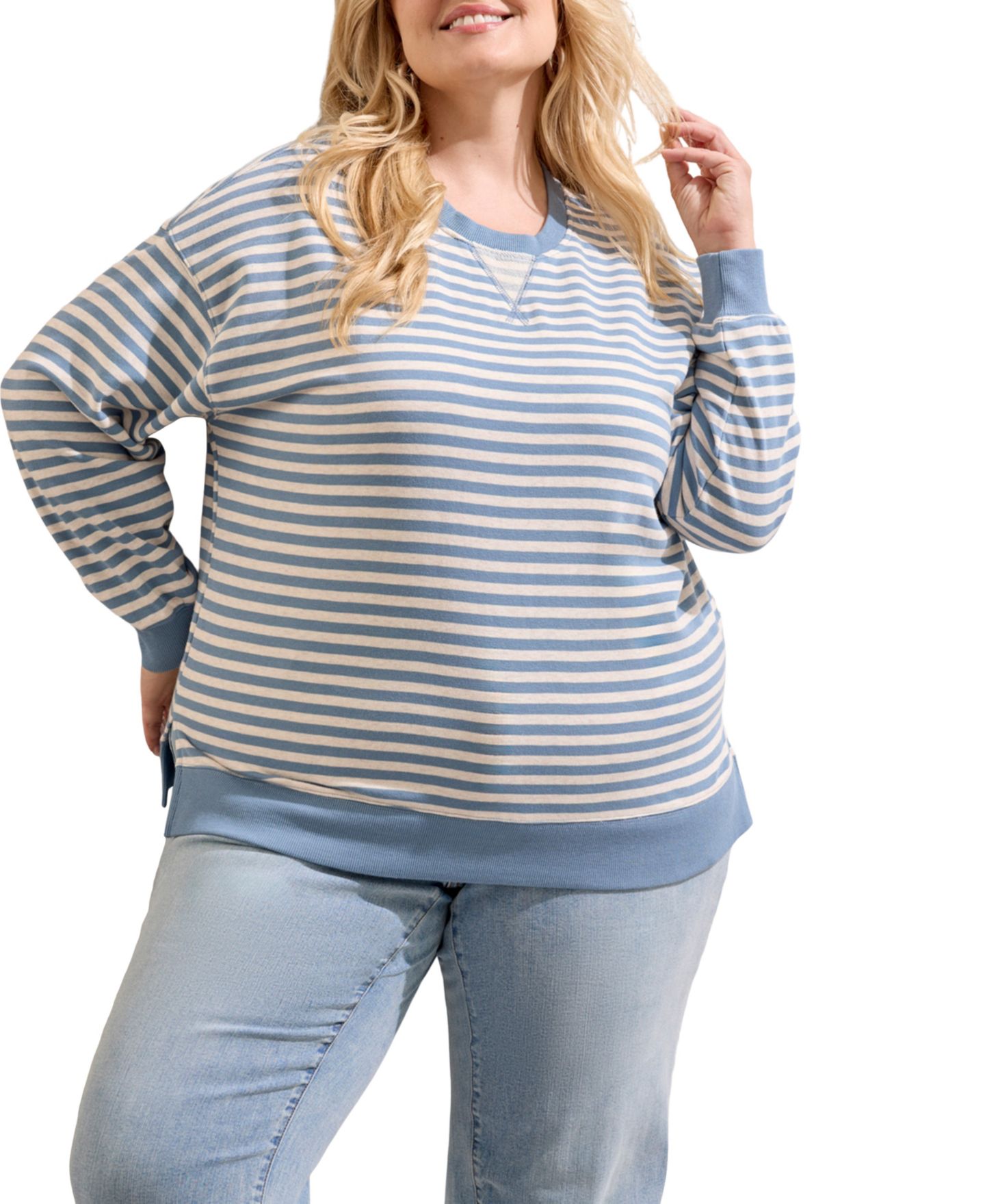Женский топ TRIBAL Plus Size Striped Long-Sleeve Loose-Fit, цвет: Синий туманный — фото 1