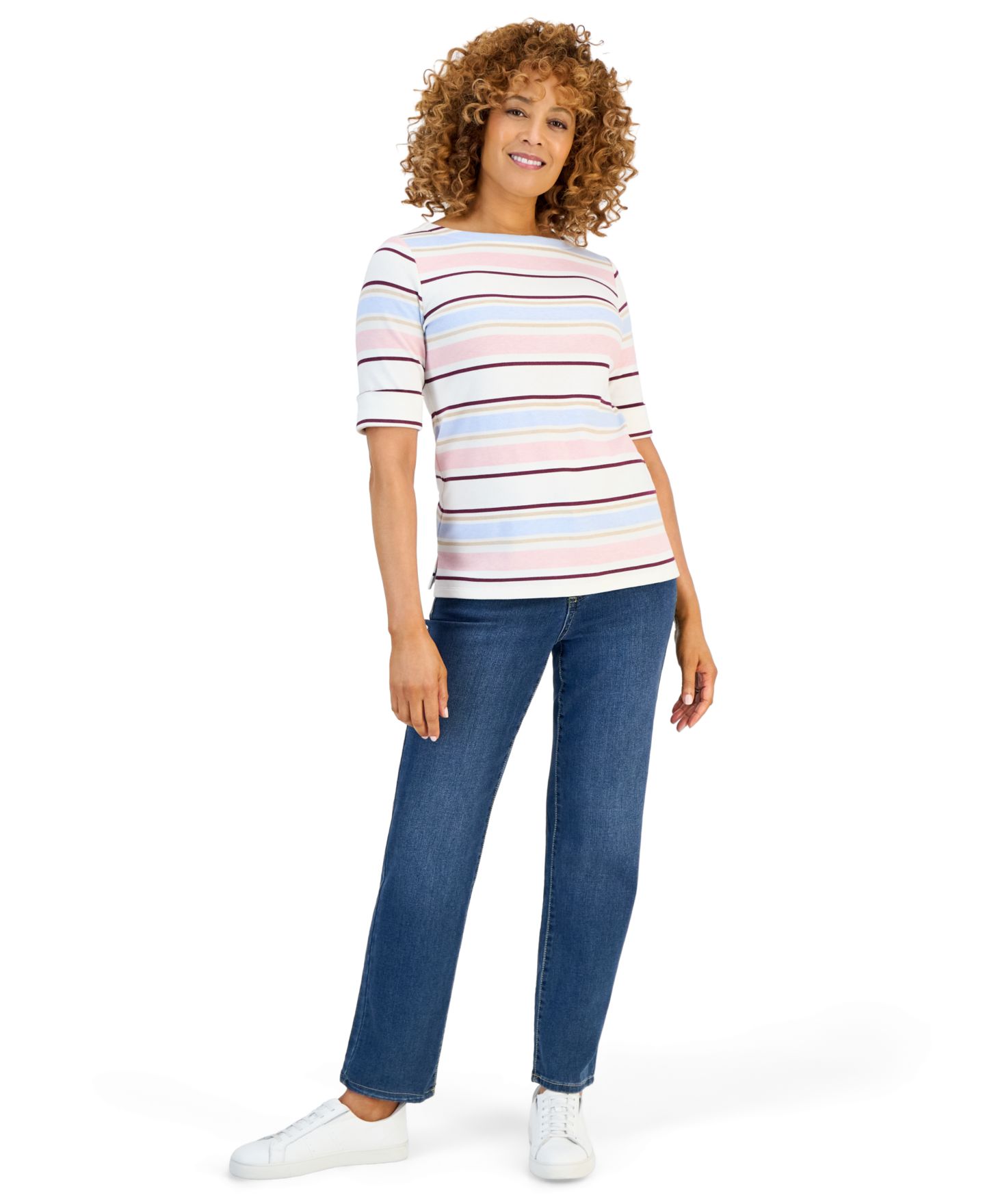 Женский топ Style & Co Printed Elbow Sleeve Boatneck, цвет: Синий — фото 6