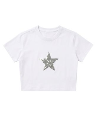 Girls' 7-16 Sequin Star Cropped Short-Sleeve T-Shirt