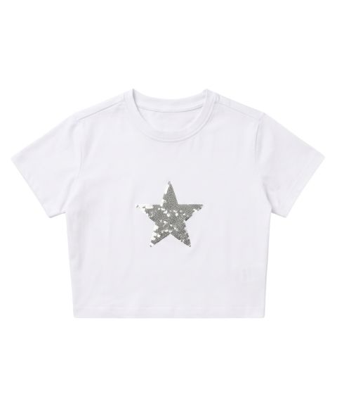 Футболка With Jules Sequin Star Cropped Short-Sleeve для девочек, цвет: Белый / Серебряный