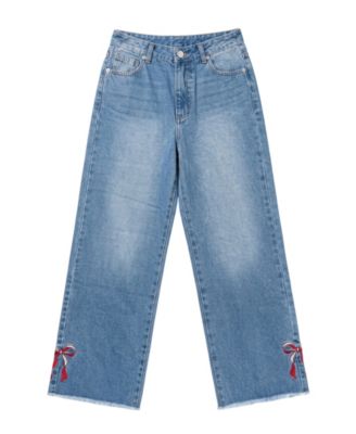 Girls' 7-16 Wide-Leg High-Waisted Embroidered Denim Jeans