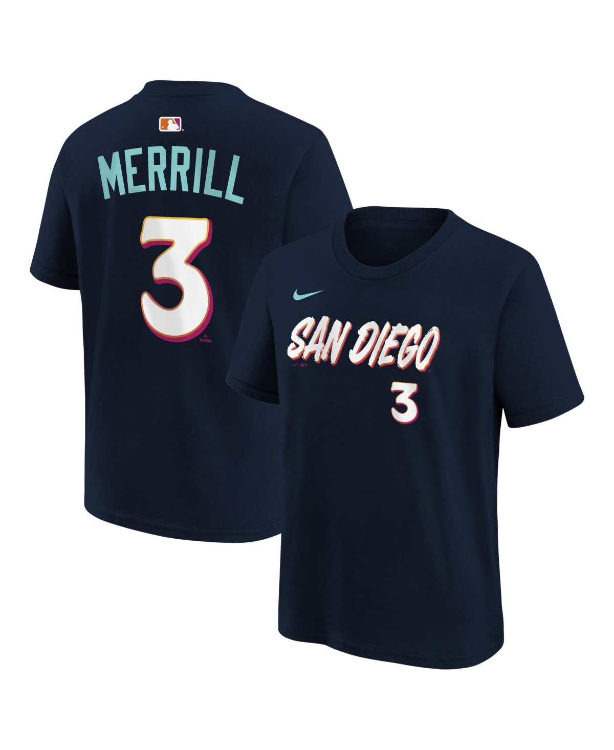 Nike Big Boys' and Girls' Jackson Merrill Obsidian San Diego Padres 2026 City Connect Name & Number T-Shirt - Obsidian