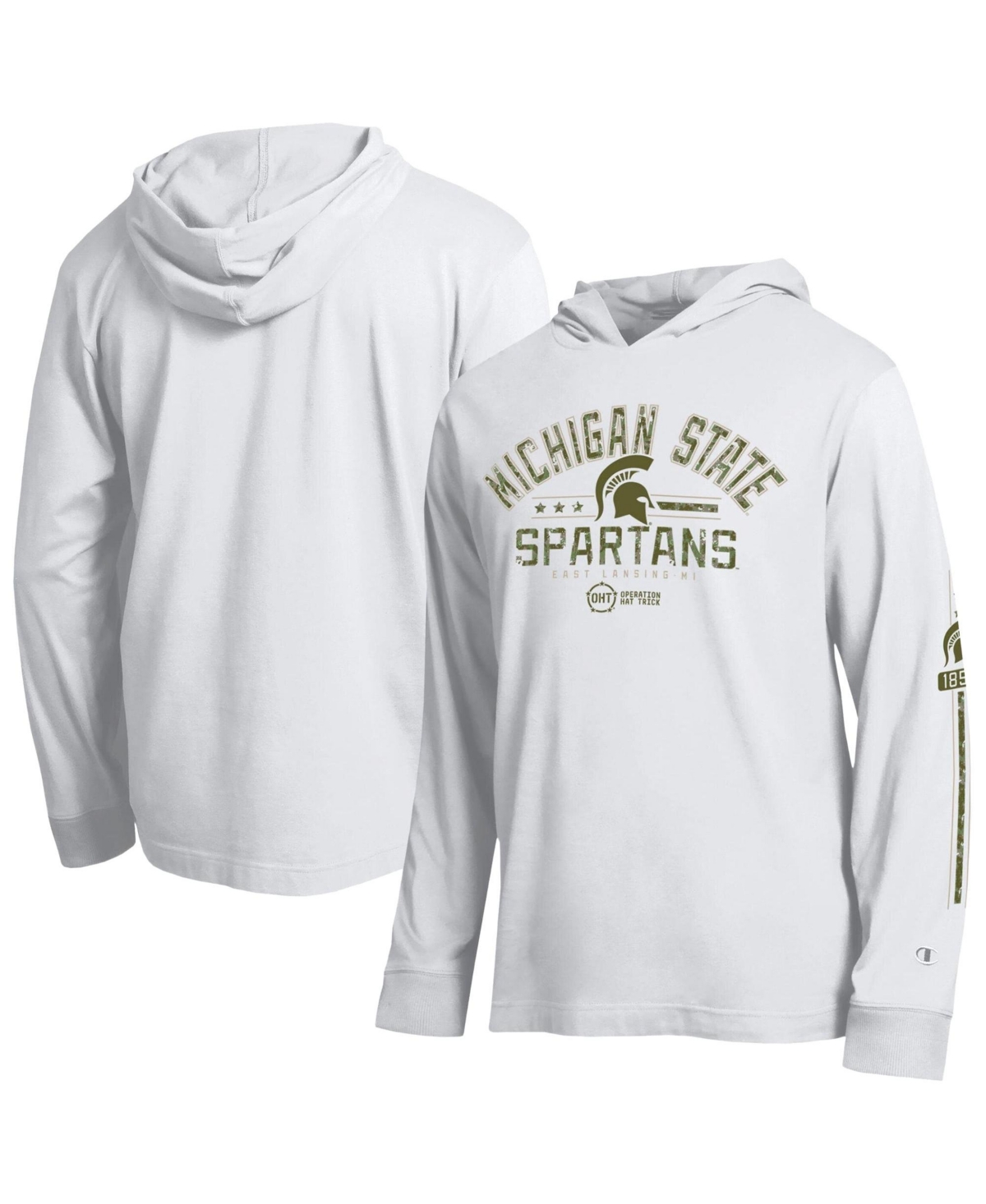 Champion Men's White Michigan State Spartans Operation Hat Trick Sleeve Line Hooded Long-Sleeve T-Shirt - White