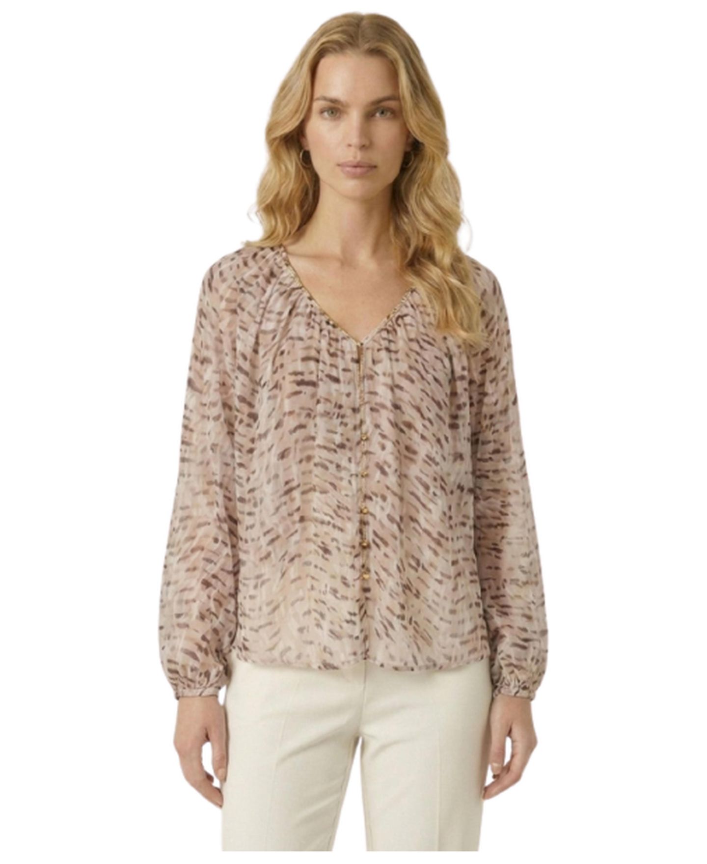 Женская блузка Modenaire Lightweight Patterned Long-Sleeve V-Neck, цвет: Хаки — фото 8