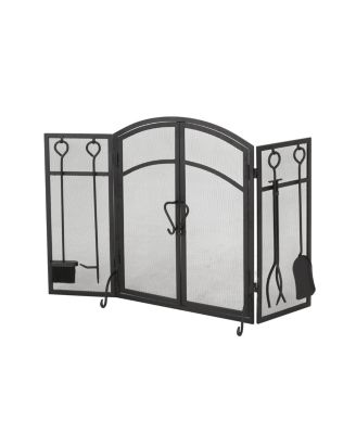 Modern 3 Panel Folding Fireplace Screen with Iron Frame Double Doors and Fire Tools