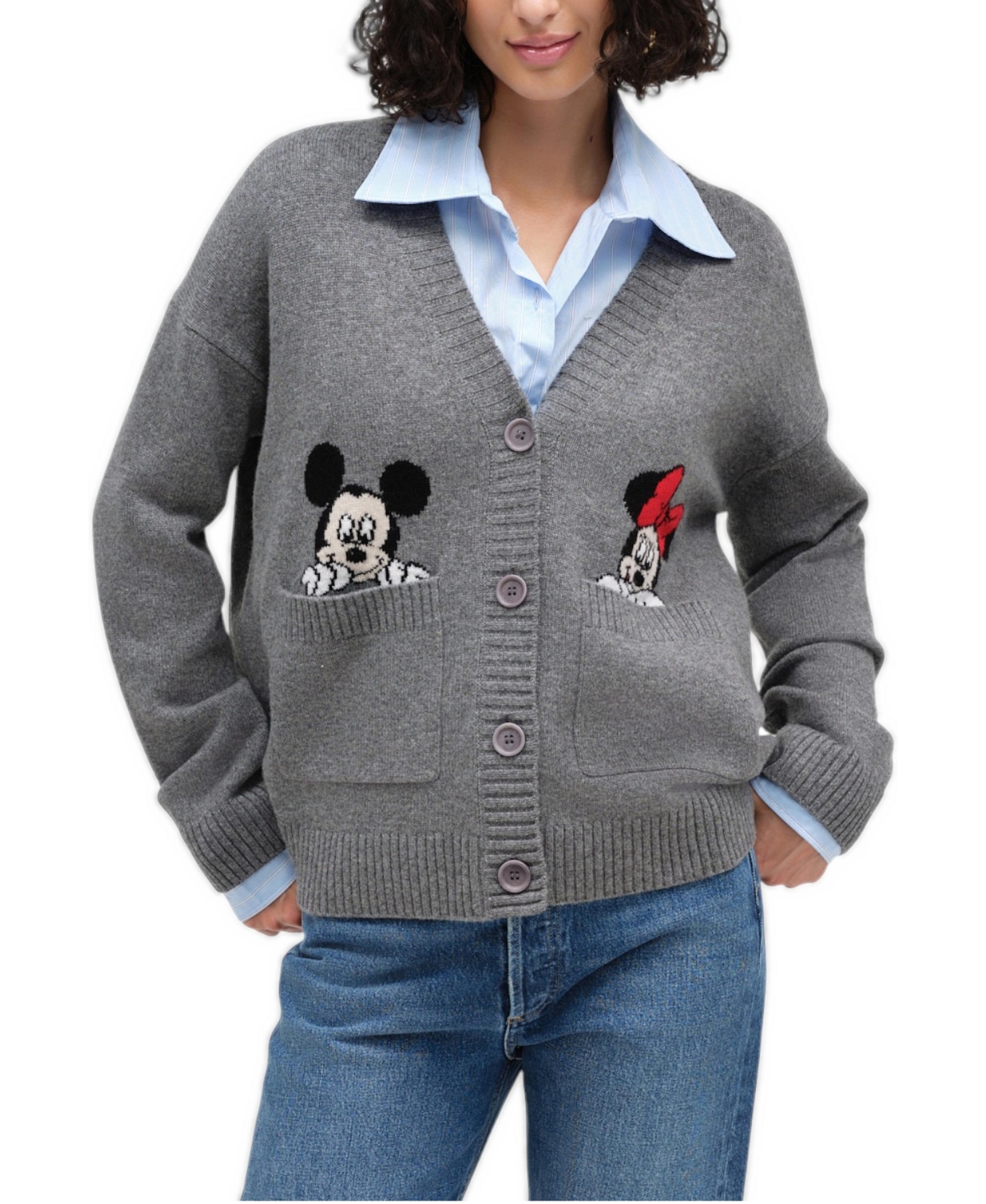 Chinti & Parker Women's Oversized Mickey and Minnie Long-Sleeve Cardigan - Grey