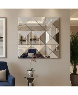 31.5" Square 3D Geometric Wall Mirror, Beveled Glass Accent Decor