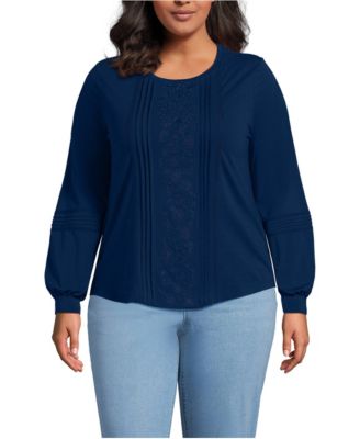 Plus Size Crewneck Long-Sleeve Pintuck Blouse