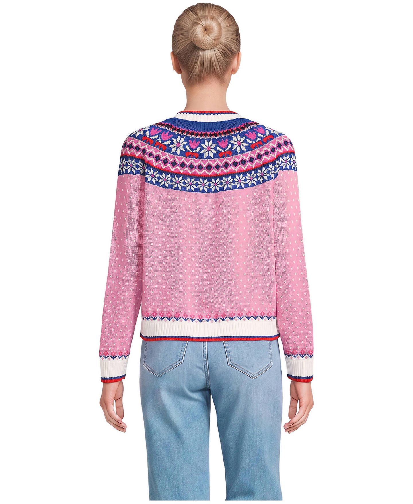 Женский кардиган Lands' End Drifter Fair Isle Raglan-Sleeve Cardigan, цвет: Розовый / Слоновая кость с принтом — фото 2