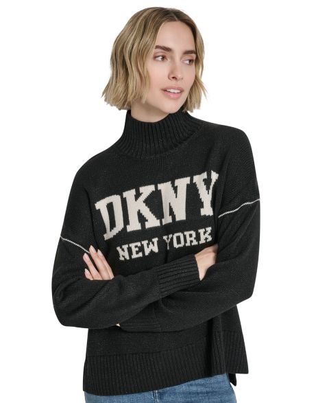 Женский свитер DKNY Jeans All Over Lurex Intarsia Mock Neck Long-Sleeve Pullover, цвет: Чёрный / Сливочный