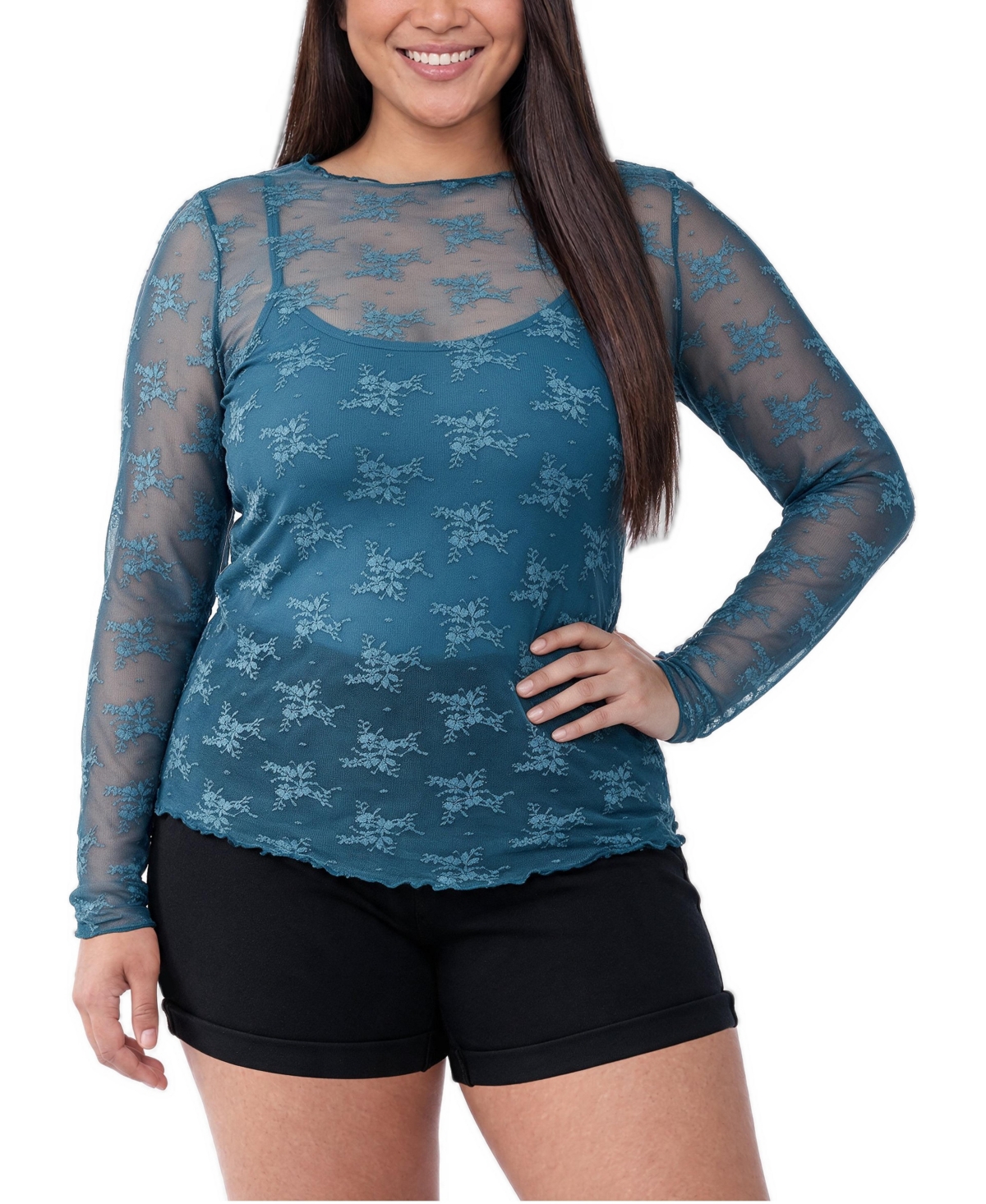 Torrid Plus Size Sheer Lace Crew Long Sleeve Top - Mallard blue