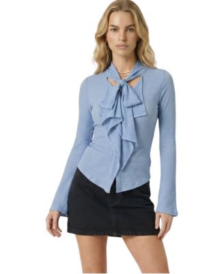 Women's Tie-Front Ruffle Long-Sleeve Top