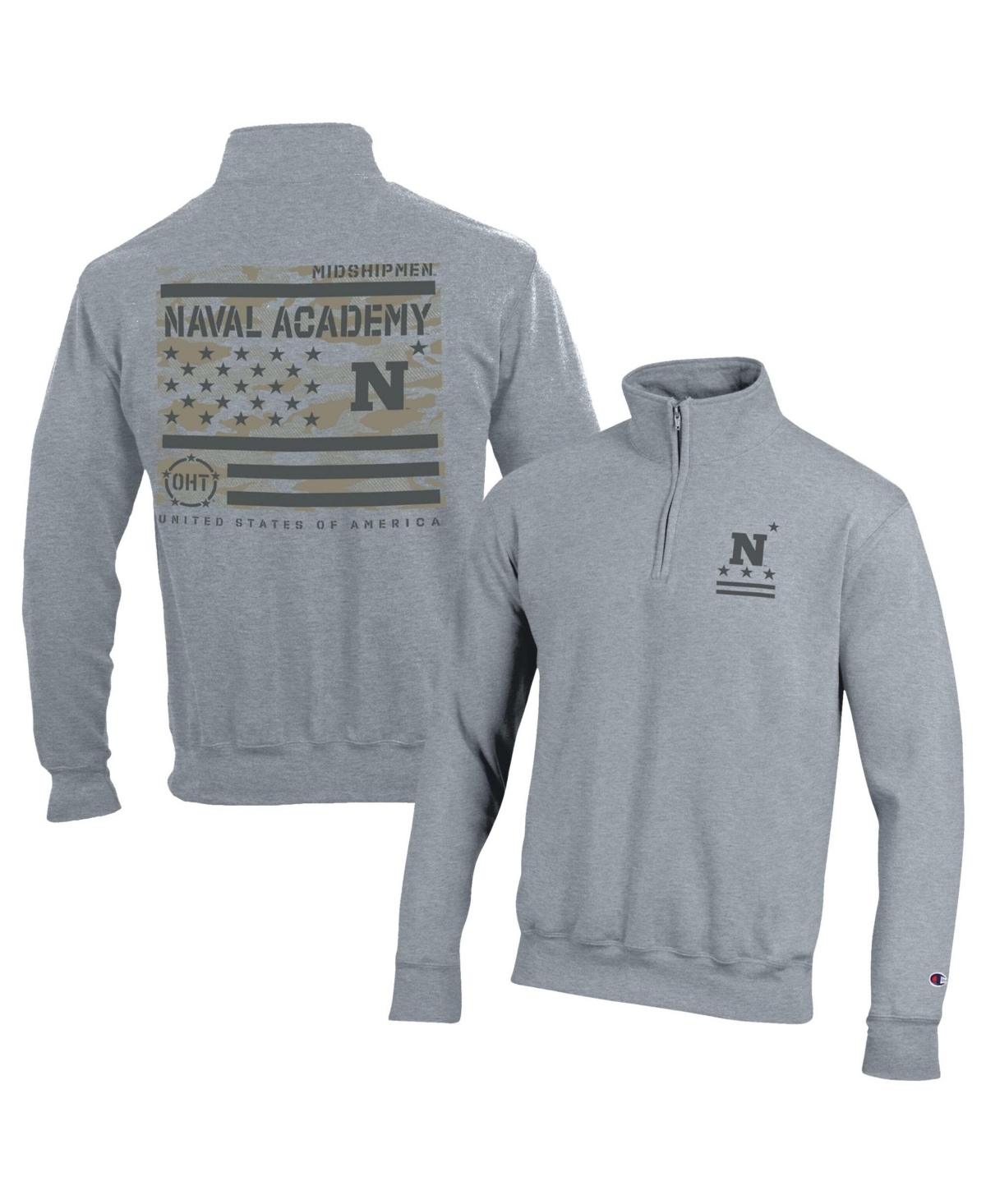 Champion Men's Heather Gray Navy Midshipmen Operation Hat Trick Flag Power blend Fleece Quarter-Zip Pullover - Heather Gray
