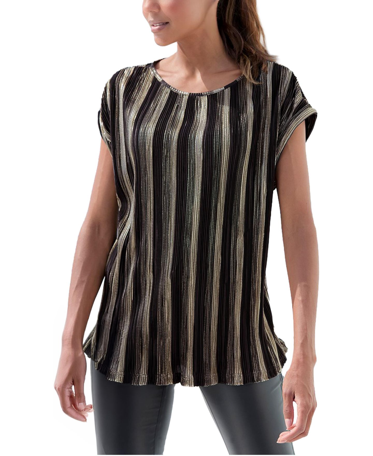 Женский топ Lascana Metallic Pleated Dolman-Sleeve Crewneck, цвет: Чёрный / Золотой — фото 1
