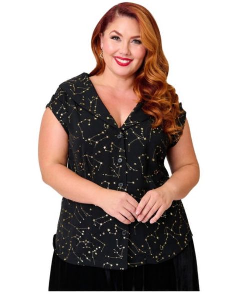 Женская блузка Unique Vintage Plus Size Twill Sleeveless, цвет: Чёрный / Золотой с принтом