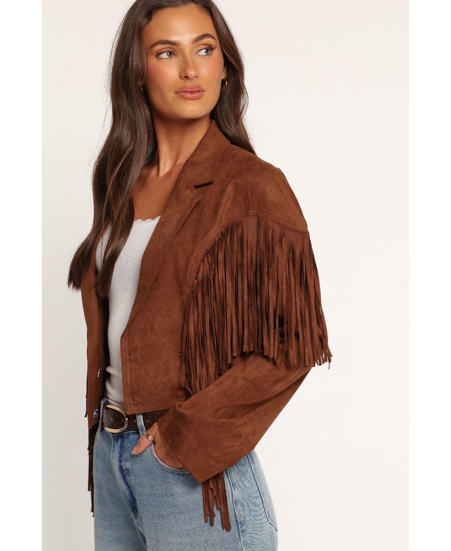 Женская куртка Petal and Pup Kara Fringe Cropped Faux Suede, цвет: Шоколадный коричневый — фото 6