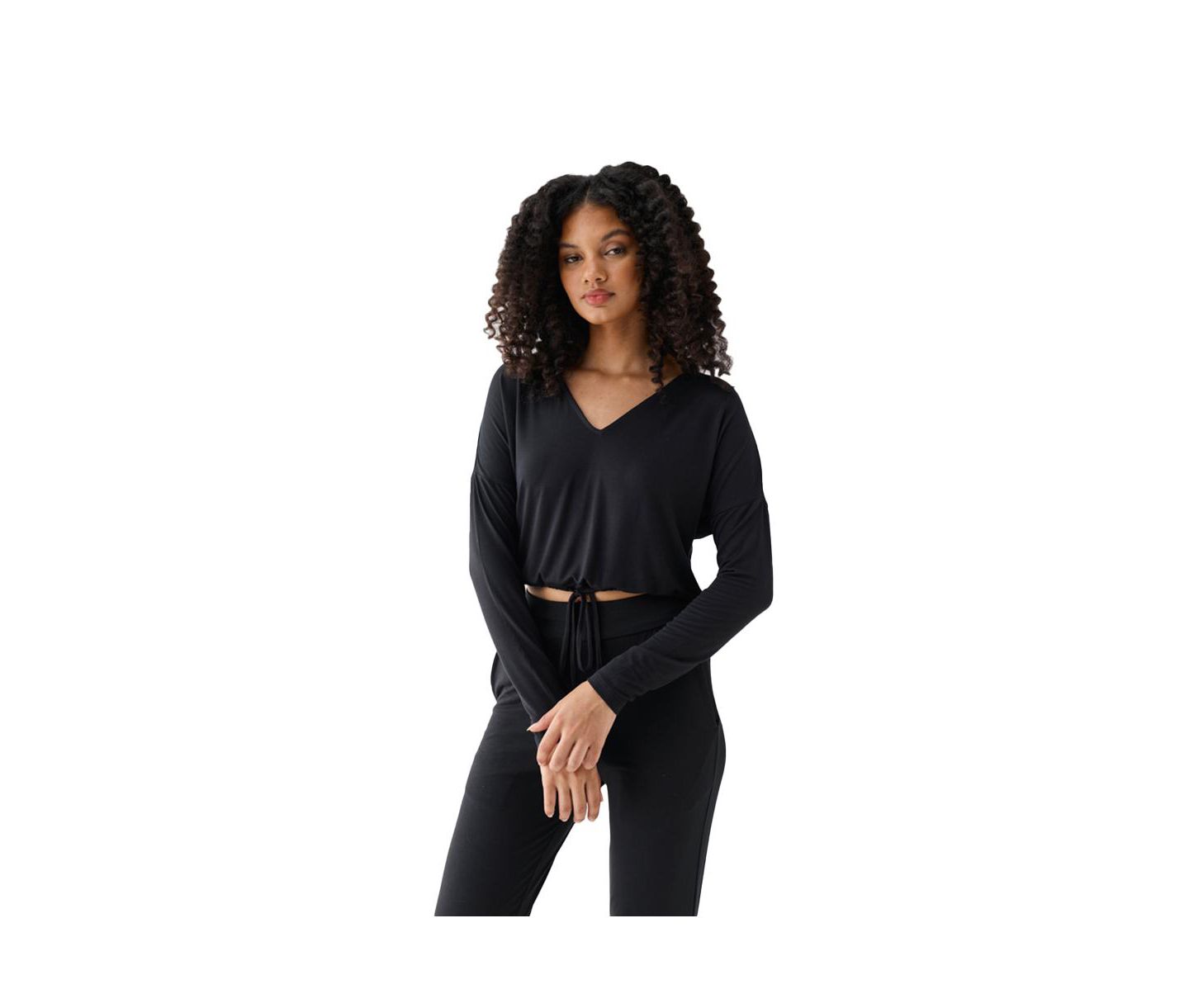 Женский топ Reistor The Modal Long-Sleeve V-Neck Tie-Front Crop, цвет: Чёрный — фото 3