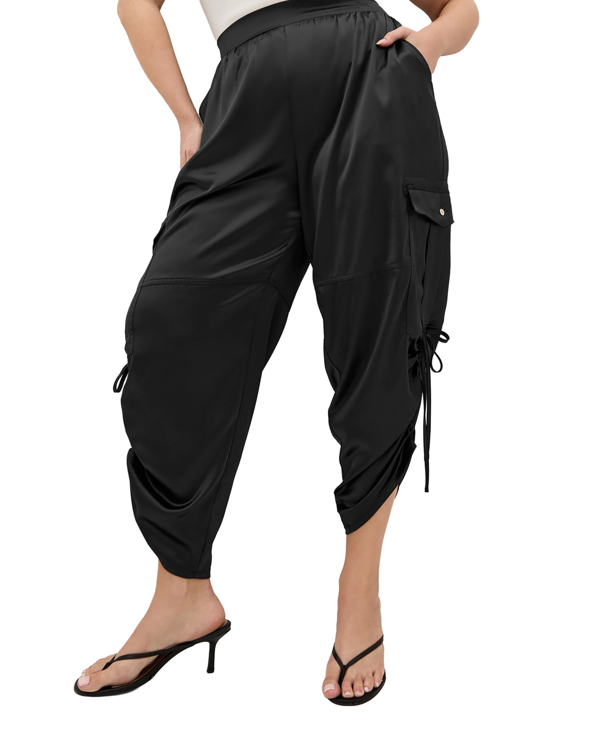 City Chic Plus Size Cargo Castle Wide-Leg Satin Pants - Black