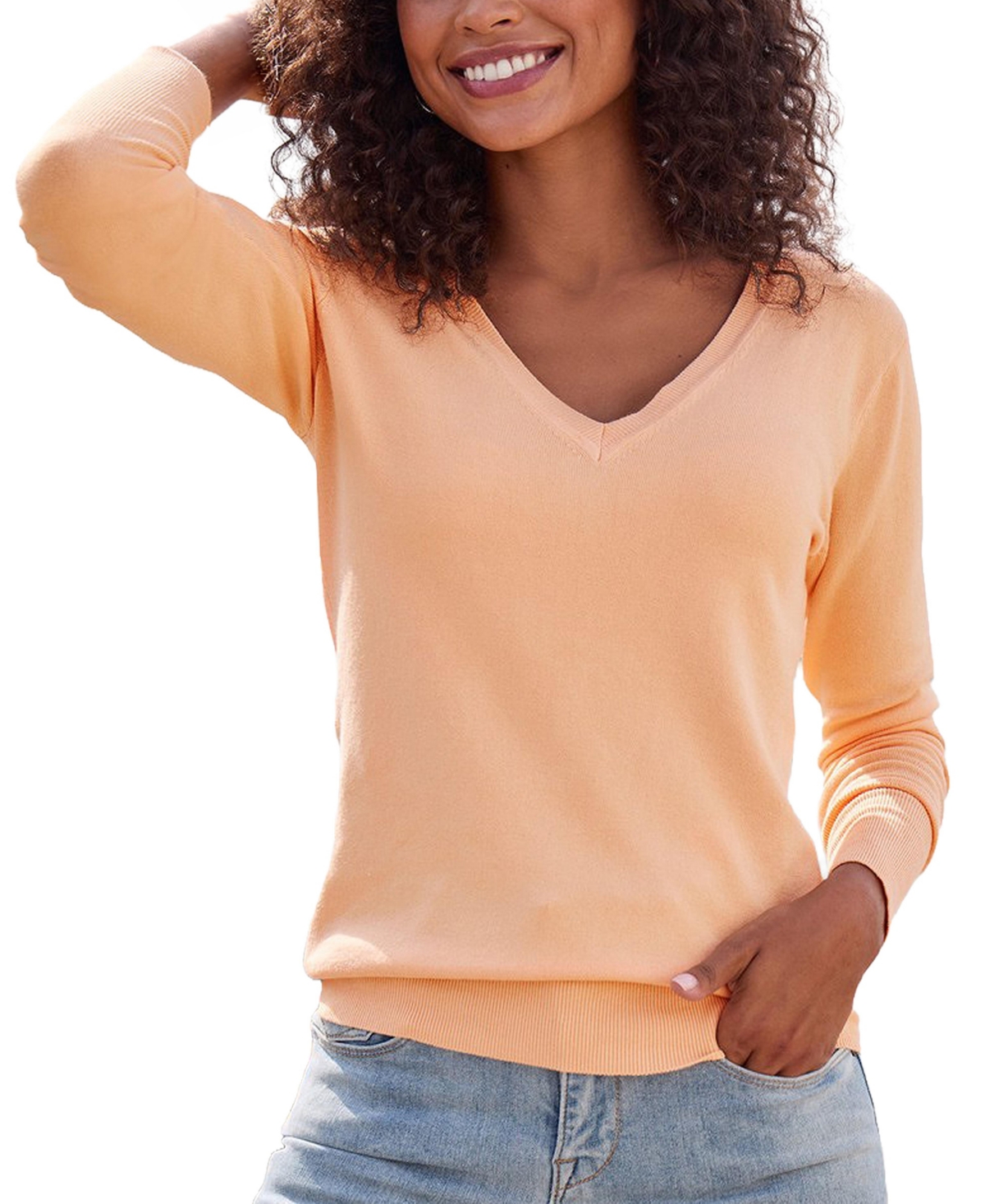Lascana Women's Lightweight V-Neck Long-Sleeve Knit Sweater - Peach