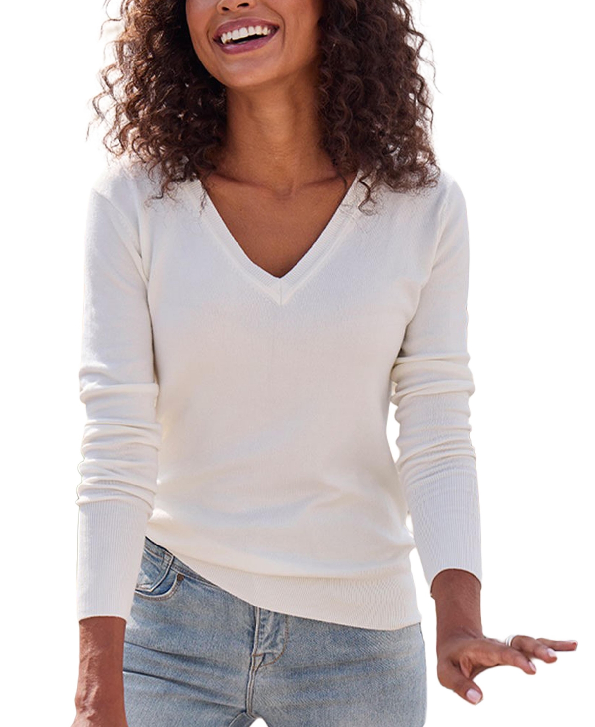 Lascana Women's Lightweight V-Neck Long-Sleeve Knit Sweater - Ivory