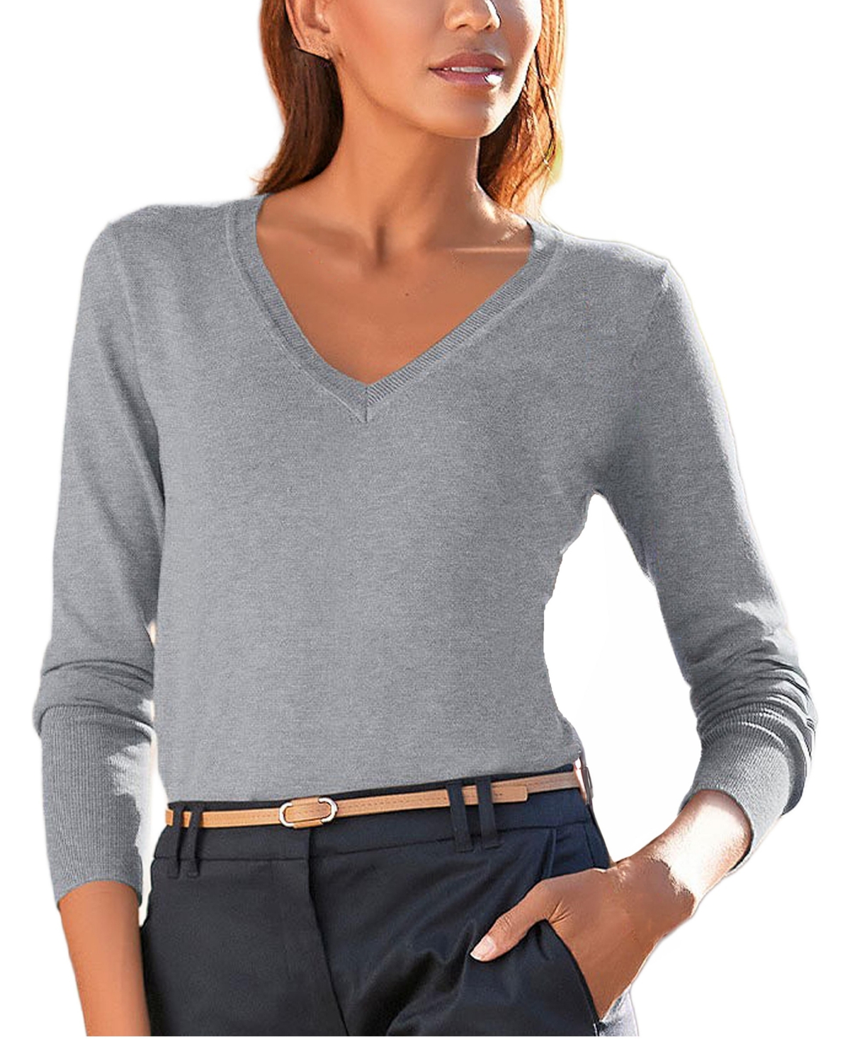 Lascana Women's Lightweight V-Neck Long-Sleeve Knit Sweater - Grey heather