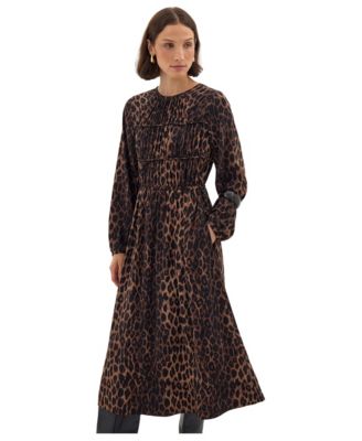 Women's Leopard-Print Volume-Sleeve A-Line Midi Dress