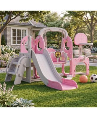 5 in 1 Star Moon Design Large Toddler Slide and Swing Set with Basketball, Soccer & Ring Toss, Ages 2-8