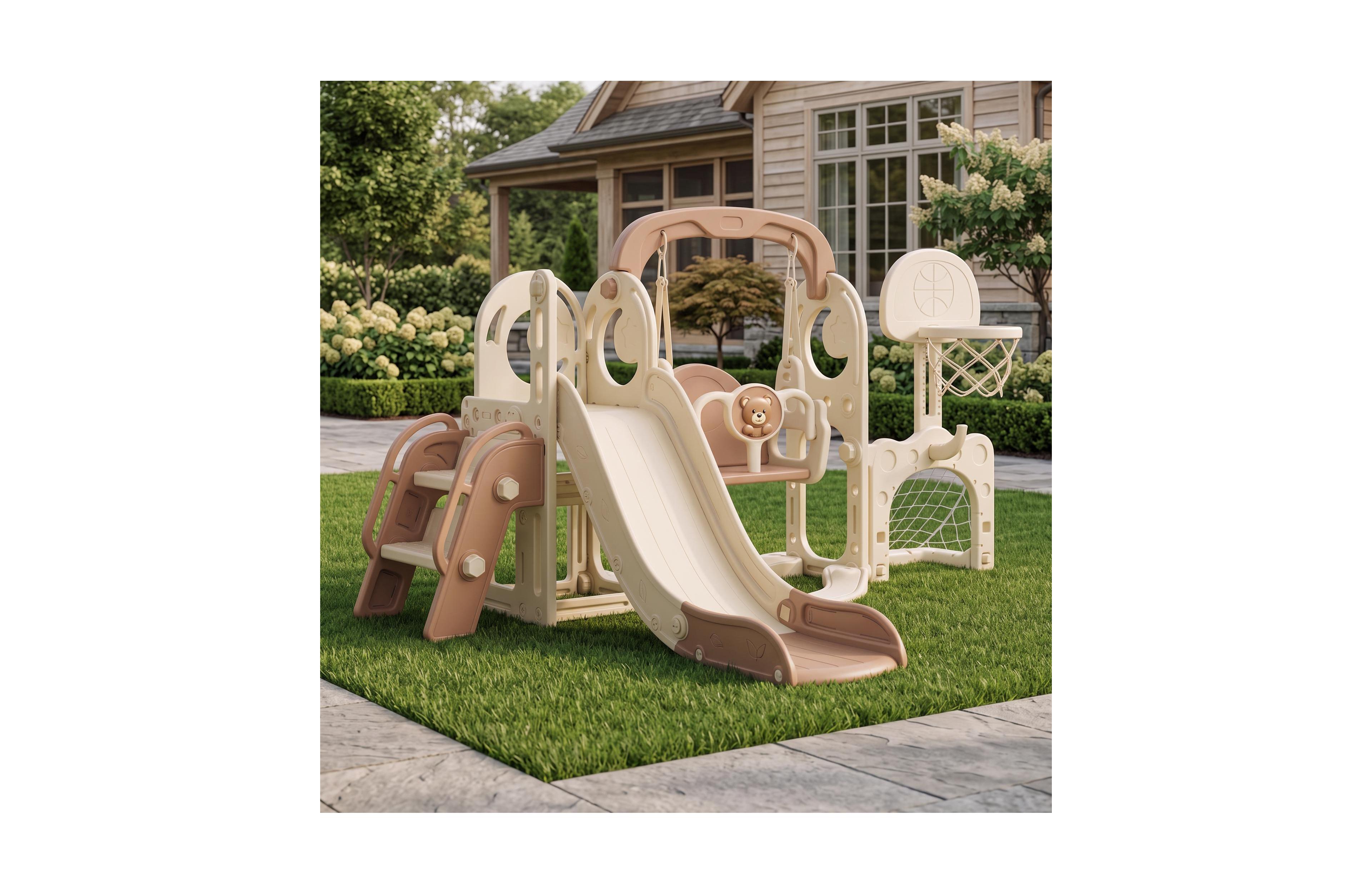homfan 5 1 Star Moon Design Large Toddler Slide and Swing Set with Basketball, Soccer & Ring Toss, Ages 2-8