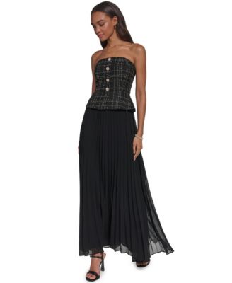 Women's Strapless Tweed Bodice Chiffon Gown