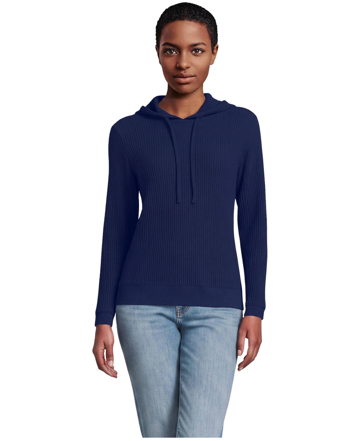 Lands' End Women's Long-Sleeve Cotton-Blend Waffle-Knit Hoodie - Deep sea navy