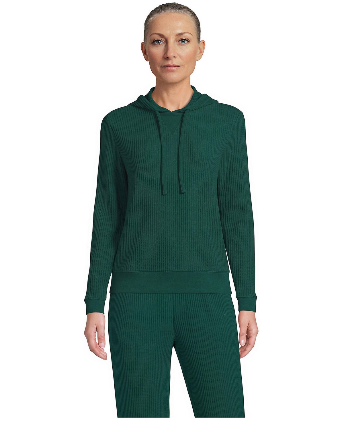 Lands' End Women's Long-Sleeve Cotton-Blend Waffle-Knit Hoodie - Pine