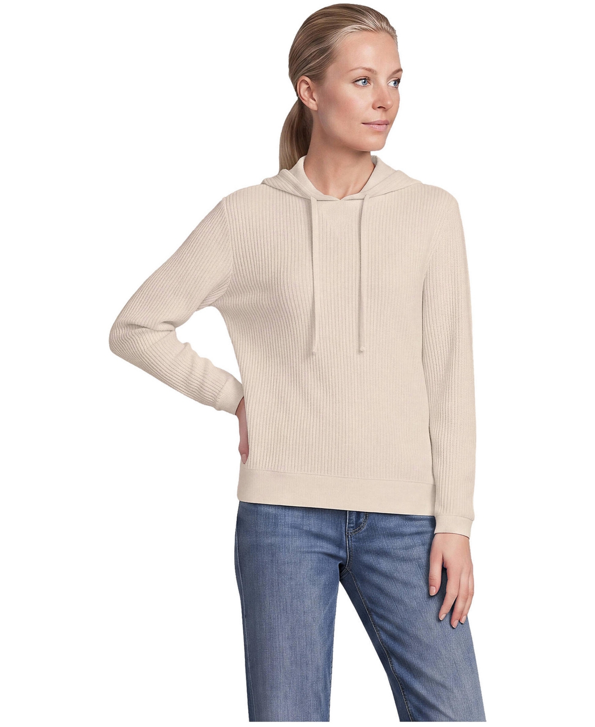 Lands' End Women's Long-Sleeve Cotton-Blend Waffle-Knit Hoodie - Oyster heather