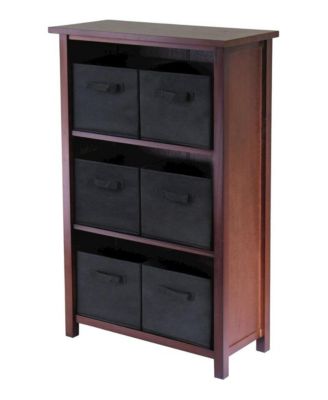 3-Section Storage Shelf with 6 Foldable Baskets, Walnut Finish