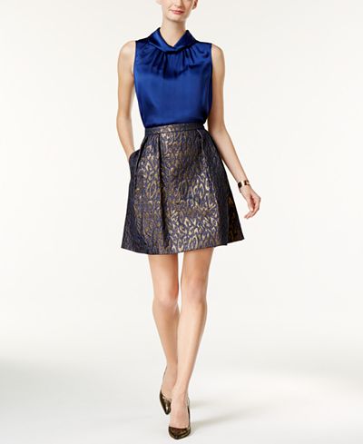Anne Klein Satin Top & Jacquard Fit & Flare Skirt