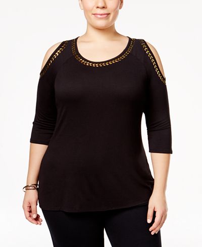 Belldini Plus Size Embellished Cold-Shoulder Top