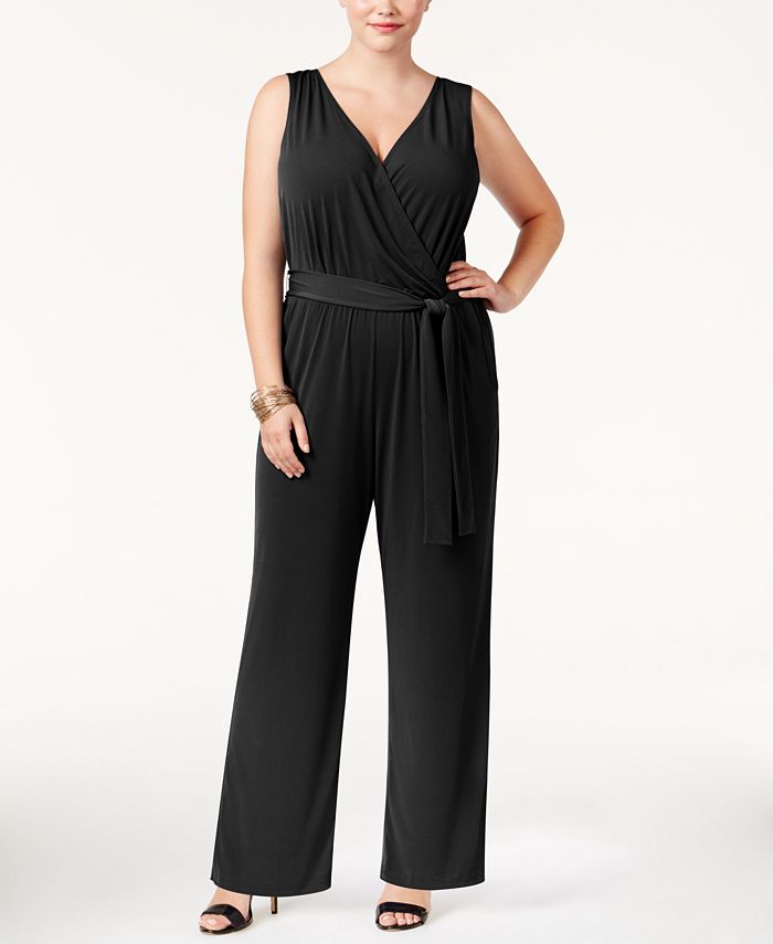 NY Collection Plus Size Sleeveless Belted Jumpsuit - Macy's