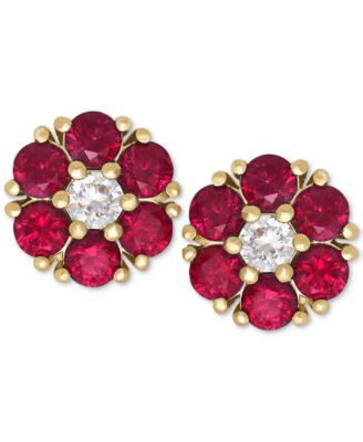Macy's - Ruby (1-1/5 ct. t.w.) and White Sapphire (1/6 ct. t.w.) Flower Stud Earrings in 14k Gold