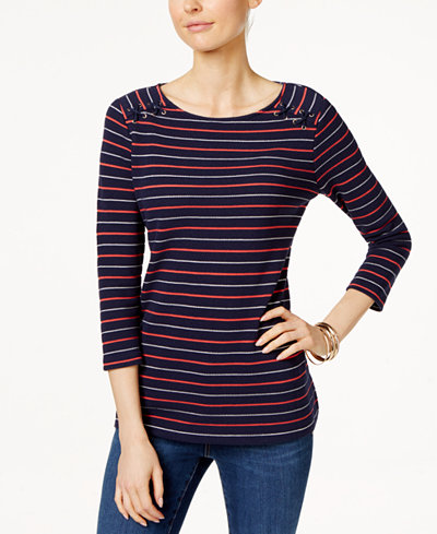 Charter Club 3/4 Sleeve Stripe Pique Top With Shoulder Rope, Only at ...