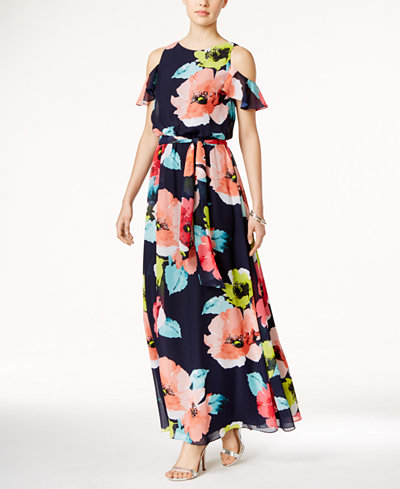 Vince Camuto Floral-Print Cold-Shoulder Maxi Dress