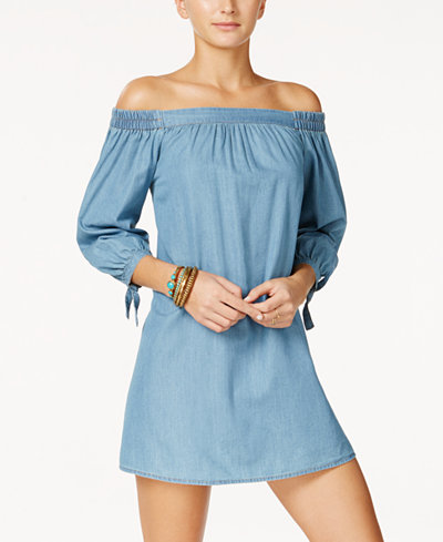 Speechless Juniors' Off-The-Shoulder Chambray Dress