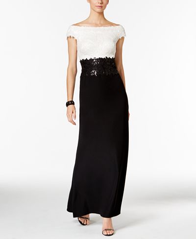 Tadashi Shoji Lace Off-The-Shoulder Colorblocked Gown