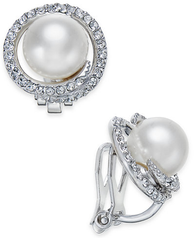 Danori Silver-Tone Imitation Pearl Pavé Clip-On Stud Earrings, Only at Macy's