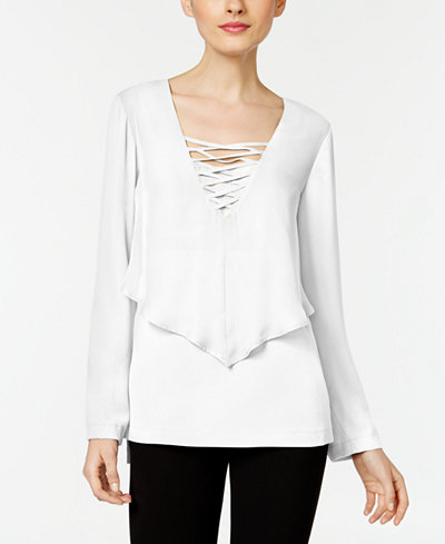NY Collection Lace-Up Layered-Look Blouse