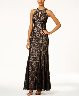 Nightway Lace Keyhole Halter Gown 