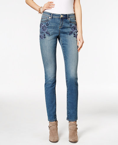 INC International Concepts Embroidered Indigo Wash Skinny Jeans, Only at Macy's