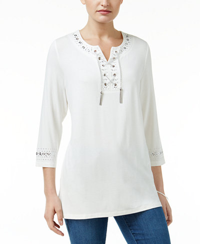 JM Collection Petite Embellished Lace-Up Tunic, Only at Macy's