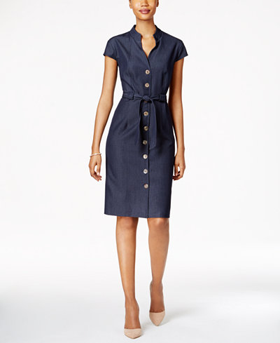 Connected Belted Button-Front Denim Dress