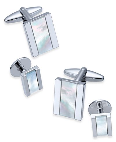 Sutton by Rhona Sutton Men's Stainless Steel Mother-of-Pearl Stone Cuff Links