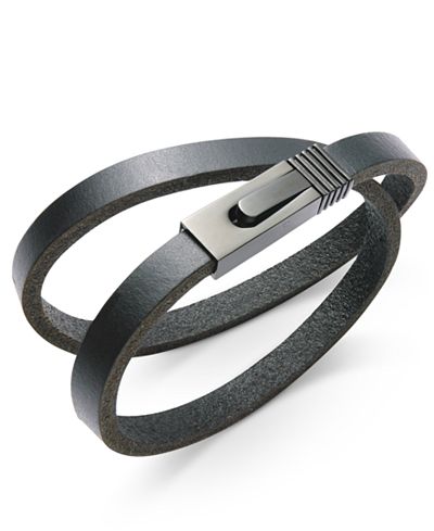 Sutton by Rhona Sutton Men's Black Stainless Steel and Leather Double Wrap Bracelet