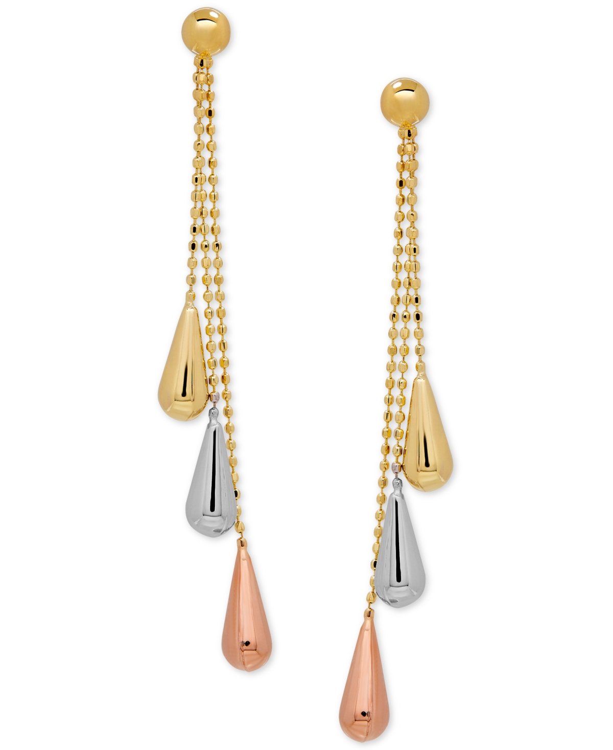 Italian Gold Tri-gold Linear Drop Earrings In 14k Gold, White Gold And Rose Gold, 2 Inch In Multi